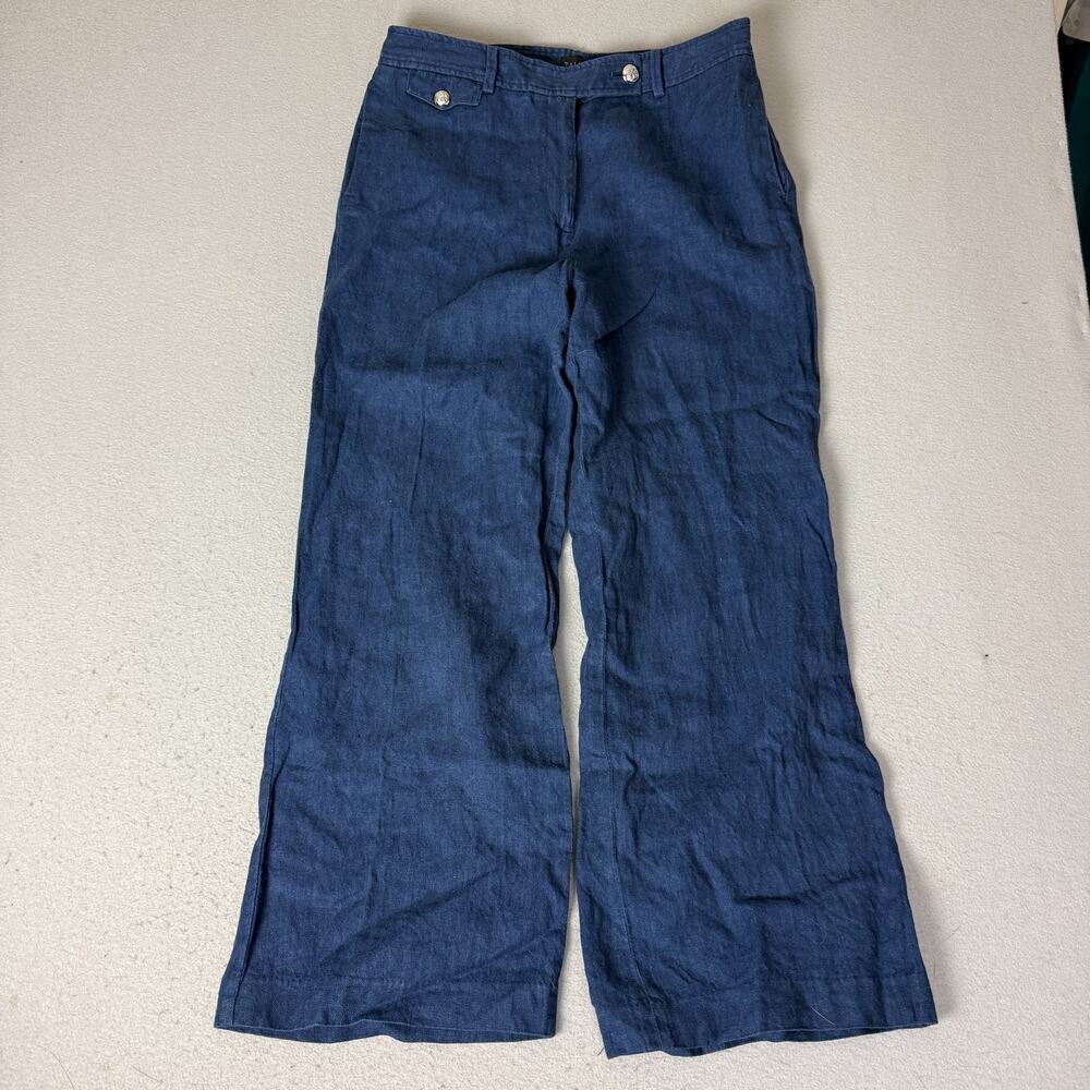 Talbots Greenwich Wide Leg Pants Women 12 Blue 100% Linen High Rise Trousers